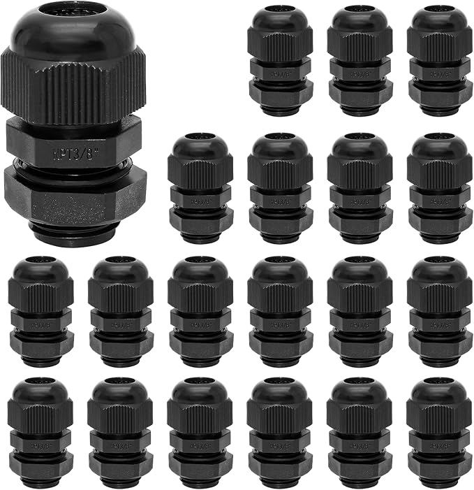 Bonsicoky 20 Pcs 3/8" NPT Nylon Cable Glands, IP68 Waterproof Adjustable Cord Grip Cable Connector Strain Relief Wire Protectors for 5-9mm Cable Diameter, Black