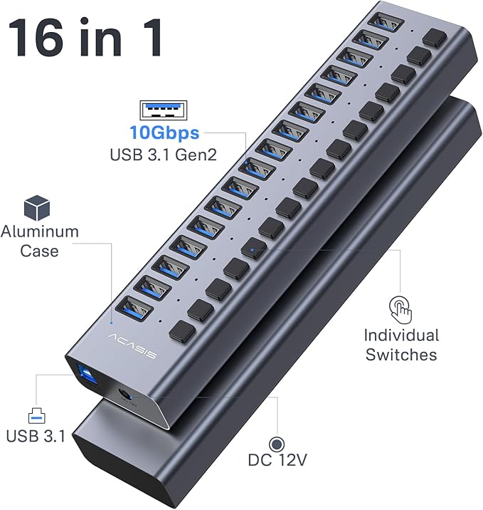 Powered USB 3.2 Hub, ACASIS 16 Ports USB 3.2 Hub with 10Gbps Data Speed，Aluminum Housing, USB Hub Powered with 96W Power Adapter, USB Hub for PC/Laptop, Computer, Flash Drive, Printer, Camera
