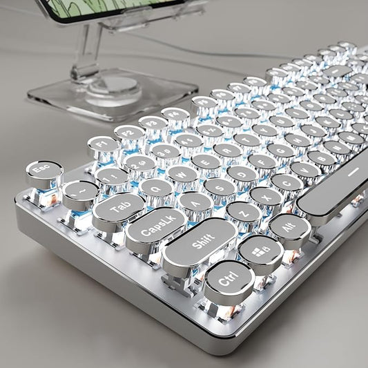 SEUNKWANG EWEADN TK100 Typewriter Style Wired Mechanical Keyboard, 104 Keys Aesthetic Typewriter Keyboard with White Backlit, Anti-Ghosting, Blue Switch Wired Cute Keyboards-White