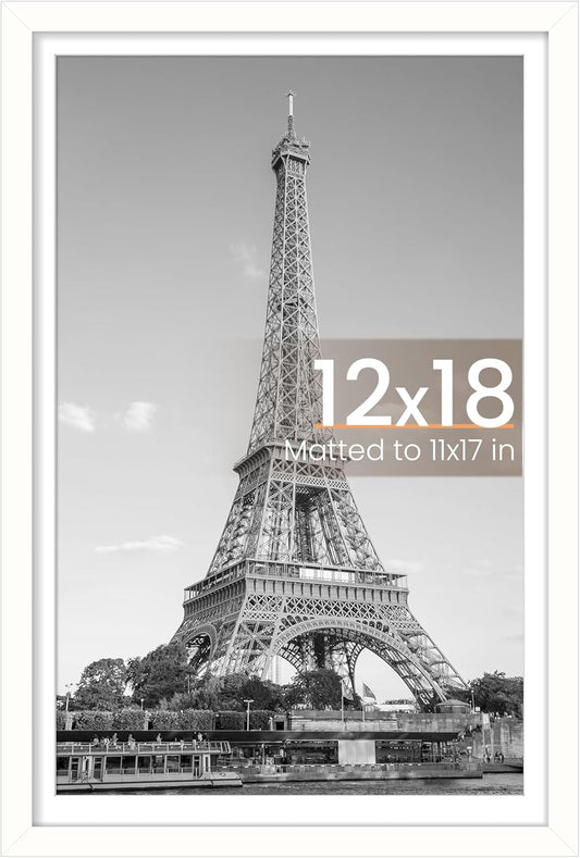Upsimples 12x18 Picture Frame - Versatile Display for 11x17 with Mat or 12x18 Without - White, 1 Pack