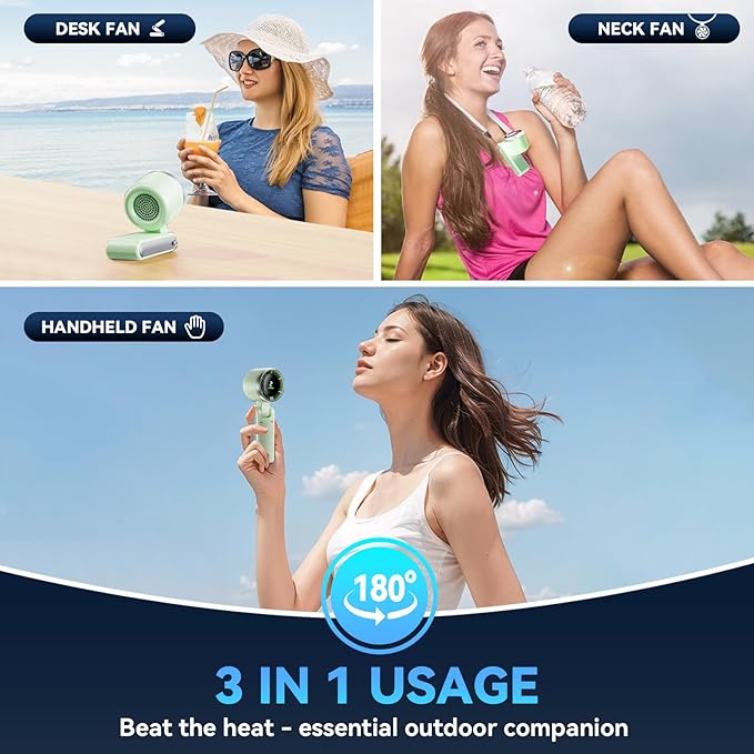 PlayHot Portable Handheld Turbo Fan, 5-Speed Personal Fan, USB-C Rechargeable Fan Up to 12 Hours, 3 IN 1 Hand Fan with Air Turbo Tech Cooling, Travel Fan for Cruise, Beach, Gifts for Women (Green)