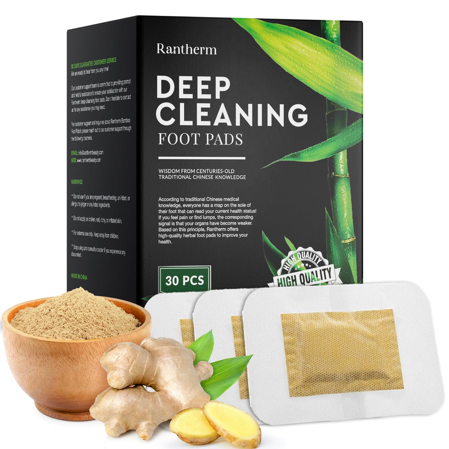 Rantherm Deep Cleansing Foot Pads: Bamboo Wood Ginger Foot Patches for Promoting Daily Relaxation and Sleeping 30 Packs