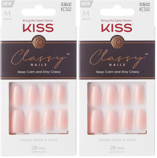 KISS Classy French Nail Manicure Kit with Gel Finish,Medium, Coffin Shaped, Includes Pink Nail Glue (Net Wt. 2 g / 0.07oz.), Mini Nail File,Manicure Stick,and 28 Fake Nails,Cozy Meets Cute', 28 Count