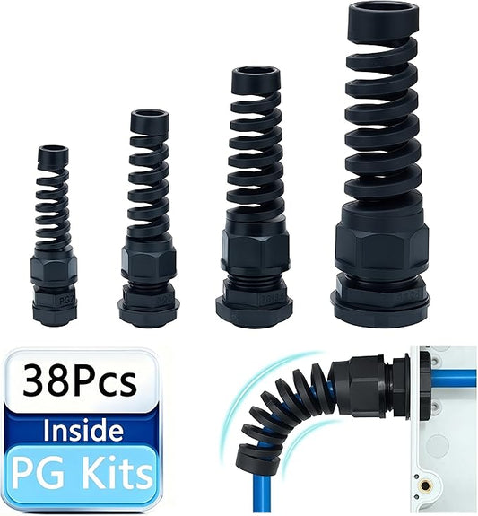 Aandxmok 38 Pcs Cable Gland, PG7、PG9、PG13.5、PG21 Thread, Made of PA66 Material, High Wear Resistance and Chemical Resistance, Suitable for Various Electrical Installations