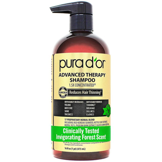 PURA D'OR Advanced Therapy Shampoo Reduces Hair Thinning & Increases Volume, No SLS, Biotin Shampoo Infused w/Argan Oil, Aloe Vera for All Hair Types, Men & Women, Invigorating Forest Scent 16 Fl Oz
