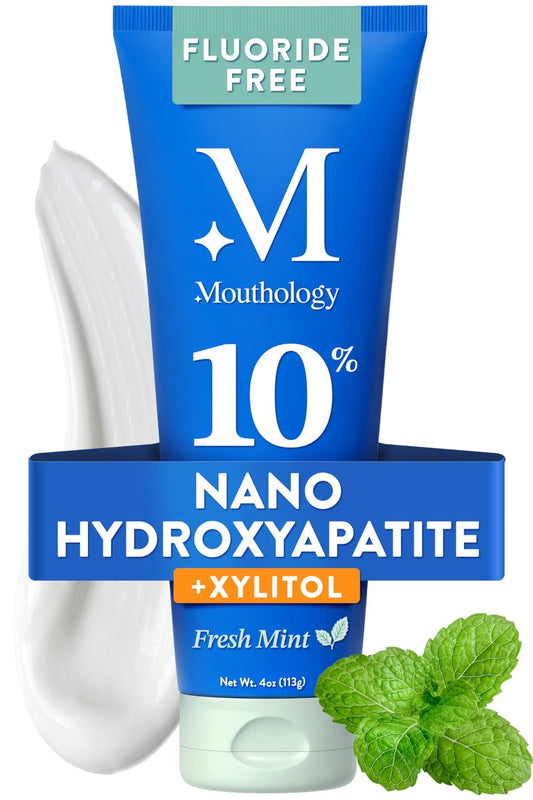 Mouthology 10% Nano Hydroxyapatite Toothpaste Fluoride Free, Whitening*, Rod Shaped nHa, Xylitol Toothpaste for Adults, Enamel Care*, Sensitive Teeth*, SLS Free, Mint 4oz (USA Made) Package May Vary