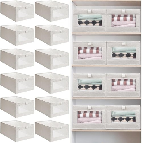 Kigley Linen Closet Organizers - 12 Pcs Foldable Storage Bins with Window for Clothes & Toys | Beige