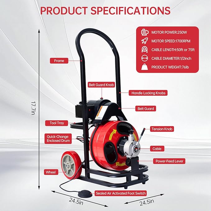 Drain Augers,50FT Steel Core Cable,CW/CCW Switch,Forward Reverse Control,Quick Replaceable Cutters -Electric Sewer Snake for 1"-4" Pipes,250W Motor Speed 1700 RPM,Air-Activated Foot Control