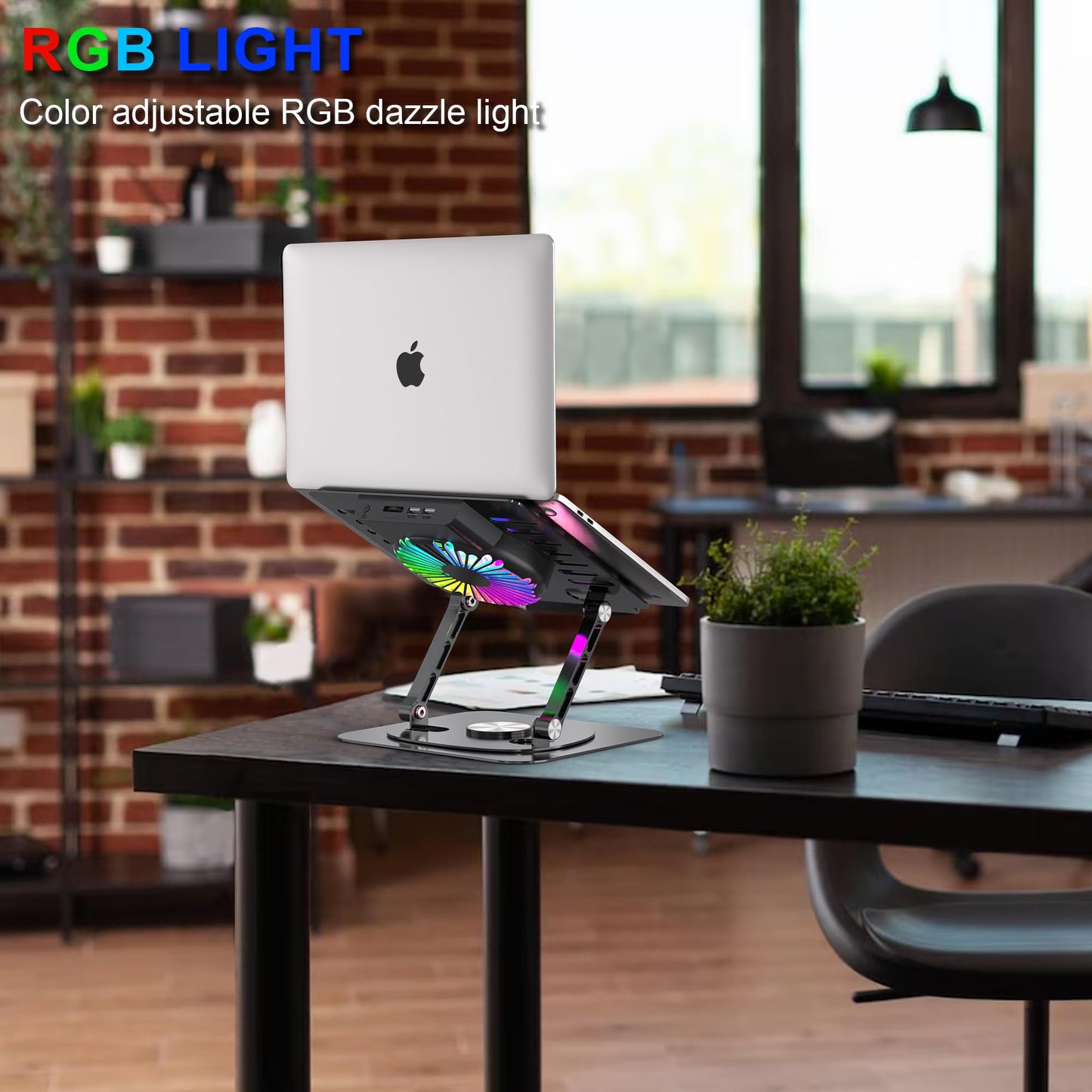YTech Laptop Stand,with 360°Rotating Base,External Cooling Fan,Adjustable RGB Lighting,Ergonomic Foldable Notebook Computer Holder.Compatible with All 10-17" Laptops Tablets,Black
