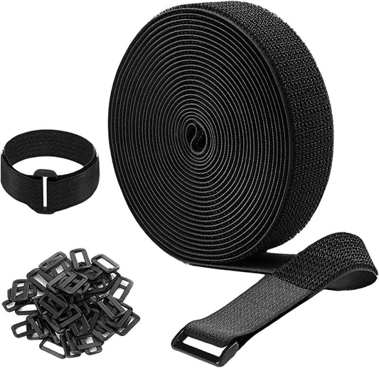 64ft 1.5 Inch Wide Cable Straps, Jumpso Adjustable Fastening Hook and Loop Straps with 50 Buckles, Reusable Nylon Cut-to-Length Cinch Straps for Organizer or Storage, Black