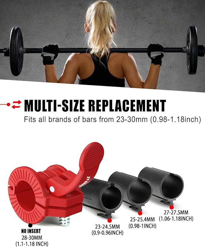 ZY-HUAN Pro Barbell Clips 1 inch Barbell Clamps 0.9-1.18inch Quick Release Weight Clips for Bars Multi-Size Adjustable Olympic Barbell Clamps (Red)