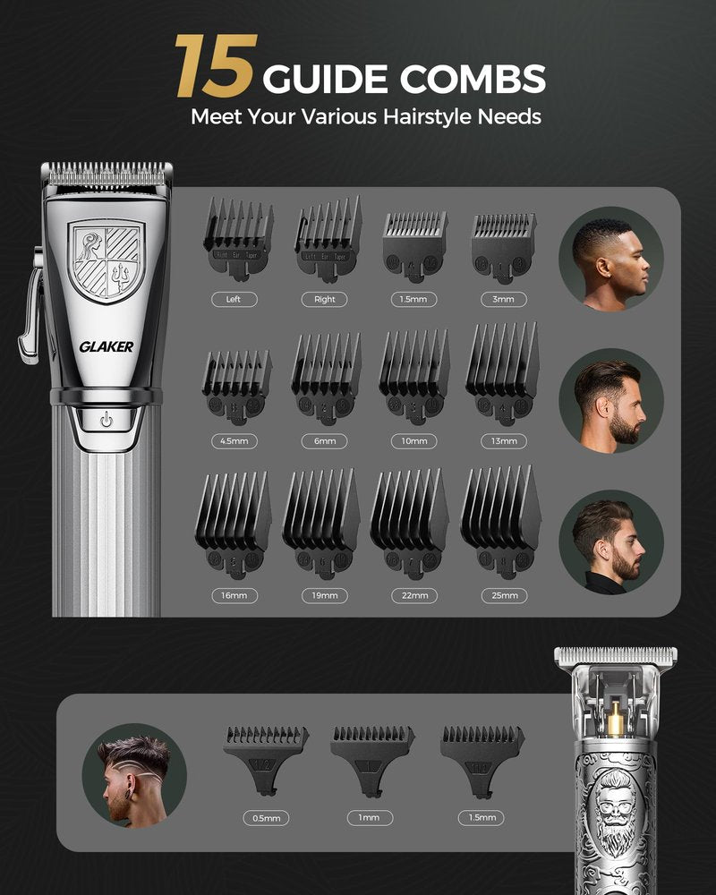 GLAKER Hair Clippers for Men,Professional Mens Hair Clippers Cordless Clippers for Hair Cutting,Precision Trimmer Kit Zero Gap Trimmer with LED Display 15 Guide Combs (Silver)