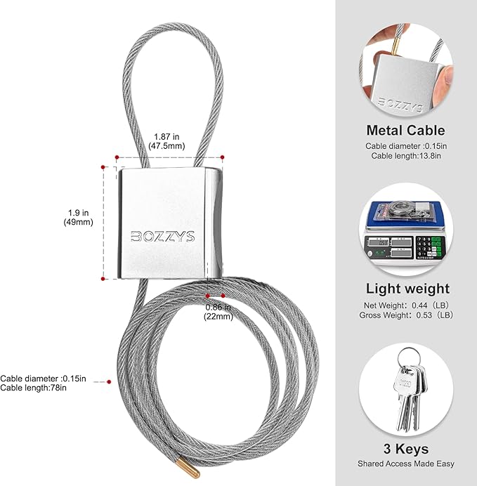 BOZZYS Cable Lock with 3 Keys | L 6.56ft(2m),D 1/6in(4mm) Adjustable Steel Cable Padlock | Aluminum Locks for Bikes, Gate, Lockers & Outdoor Gear | Weatherproof& Silver