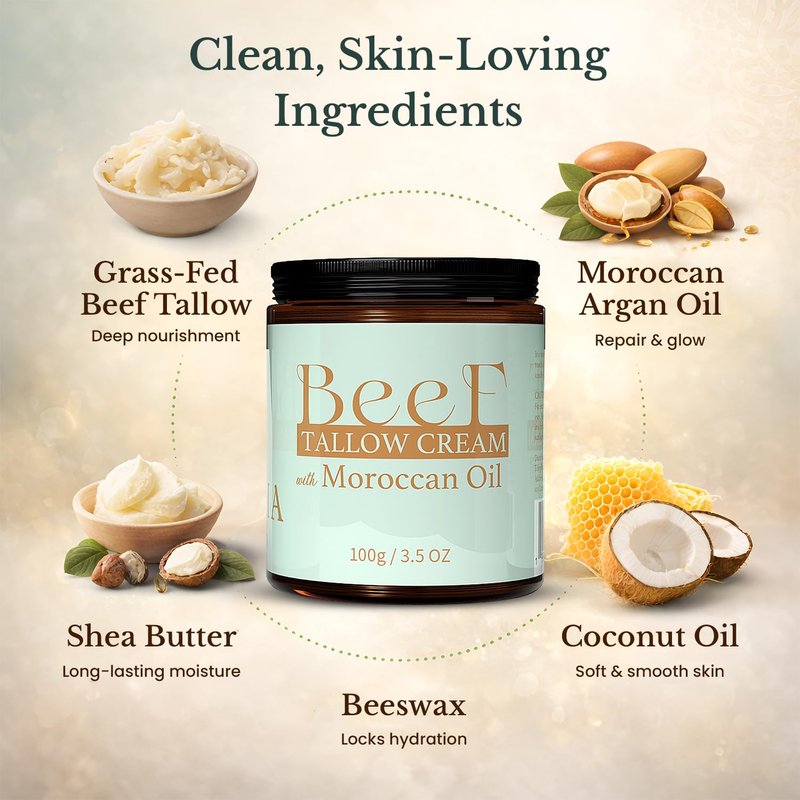 Beef Tallow for Skin - Organic Grass Fed Beef Tallow Balm, Whipped Beef Tallow for Face & Body, Moisturizer for Dry Skin, Shea Butter with Moroccan Oil (3.5 oz)