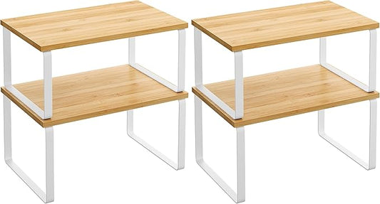 SONGMICS Cabinet Organizer Shelf, Set of 2 Kitchen Counter Shelves, Kitchen Storage, Spice Rack, Stackable, Expandable, Metal and Engineered Wood, Cloud White and Natural Beige UKCS02NW (Pack of 2)