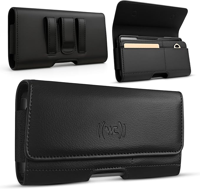 Wireless City Leather Phone Holster for iPhone 17/17 Pro, 16/16 Pro/16e, 15/15 Pro, 14/14 Pro, 13/13 Pro, 12/12 Pro, 11, XR Horizontal Belt Clip Phone Pouch Card Holder Magnetic Closure Phone Case