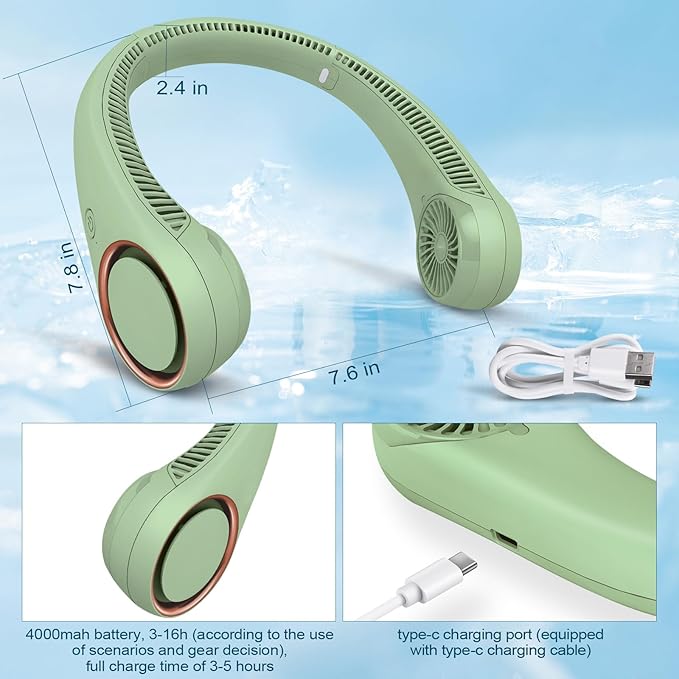 CIVPOWER Neck Fan: Portable Personal Neck Cooling Rechargeable Bladeless Fan - Hands Free 3 Speed 4000 mAh Battery USB Operated Wearable Headphone Design - Gift for Men Women Outdoor (Light Green)
