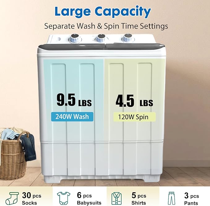 14 lbs Portable Dual Tub Washing Machine with 9.5 lbs Wash Capacity and 4.5 lbs Spin Capacity, Perfect for Small Spaces & Dorms, Grey