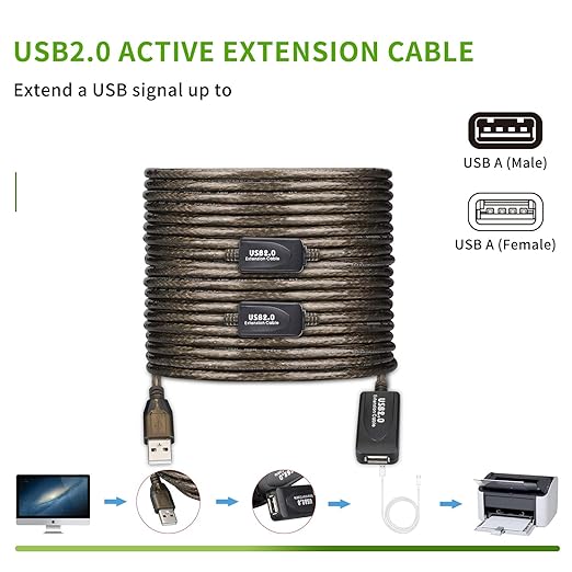 100FT USB Extension Cable, GGMTY USB 2.0 Type A Male to A Female Active Repeater Extension Cable 100ft, High Speed 480 Mbps