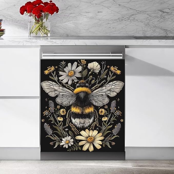 Flower and Bee Pattern Dishwasher Magnet Cover Sticekr,Refrigerator Magnet Cover Decal Fridge Microwave Stickers Kitchen Decor,23W x 26H inchs