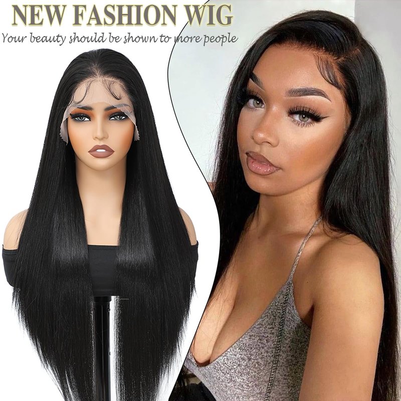 XCHJH 13x4 HD Lace Front Wig 30 Inch, Long Straight Black Synthetic Hair for Women, Glueless Pre Plucked with Baby Hair, Heat Resistant Fiber Wig for Daily Wear