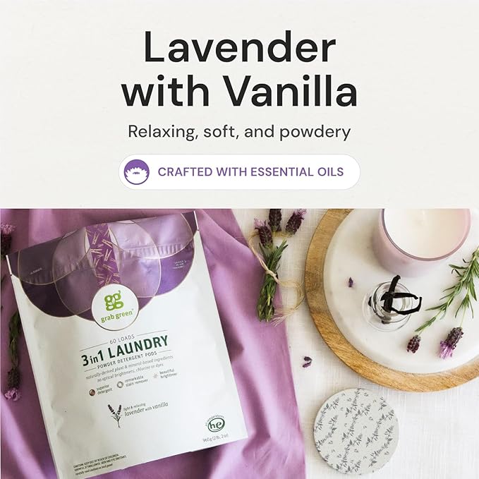 Grab Green Natural 3 in 1 Laundry Detergent Pods, Lavender + Vanilla-With Essential Oils, 24 Loads, Organic Enzyme-Powered, Plant & Mineral-Based, 13.5 Ounce