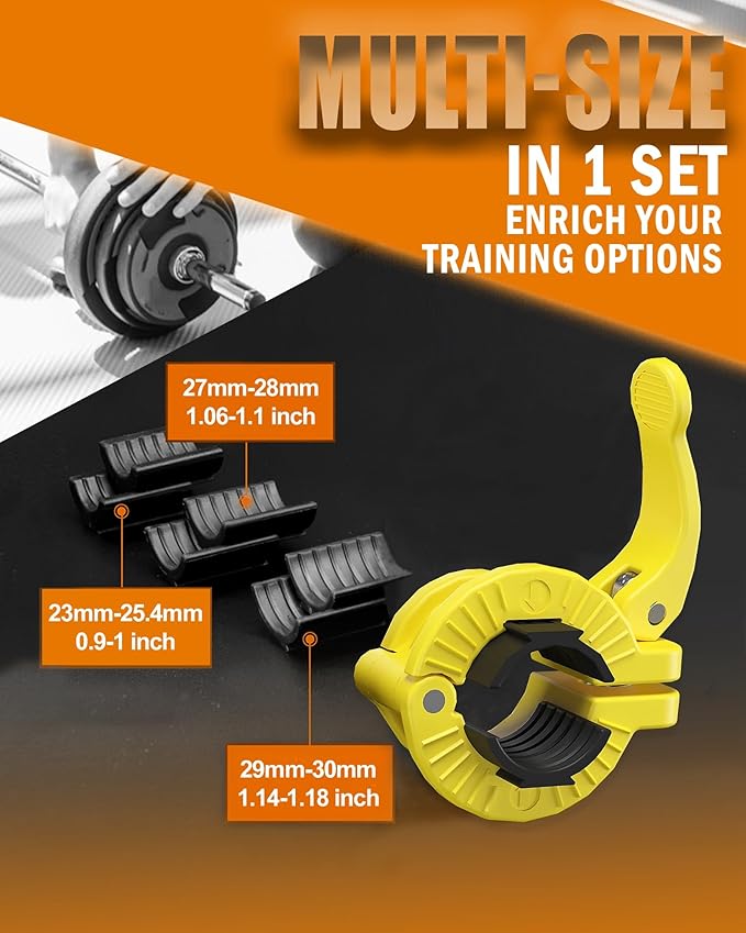 MAXRICH Barbell Clamp 1 inch Multiple Sizes & Adjustable Weight Clips for Quick Release Barbell Collars (Yellow)