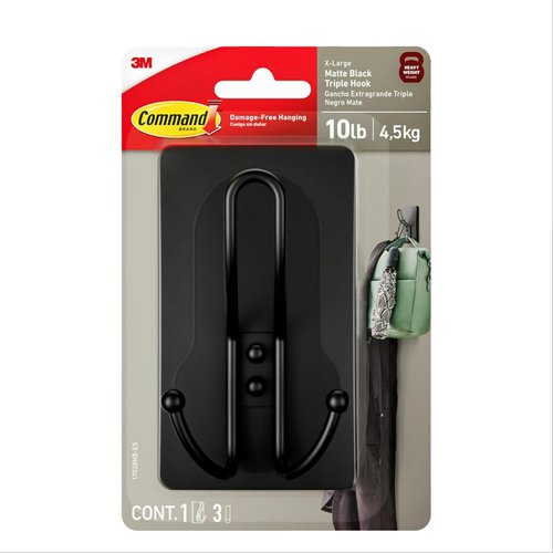 Command X-Large Matte Black Triple Hook - Damage-Free Wall Hook with Adhesive Strips for Easy Hanging