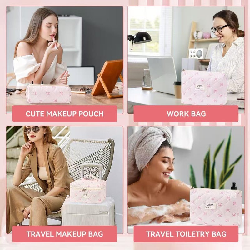 MZLUWM 3Pcs Makeup Bag Cute Cosmetic Bags for Women, Large Capacity Travel Quilted Makeup Bag Set,Cotton Floral Makeup Pouch, Coquette Puffy Toiletry Bag,Attractive Quilted Pouch (Pink bow)
