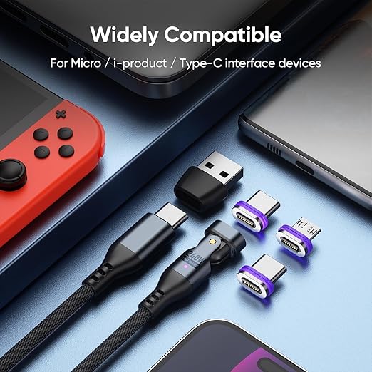 Bojianxin 240W Magnetic Charging Cable ，180°Rotating USBC to USB C Magnetic Data Cable ，Micro USB Phone Fast Charger Cable Data Transfer for Laptop/Tablet/Smart Phone (6ft)