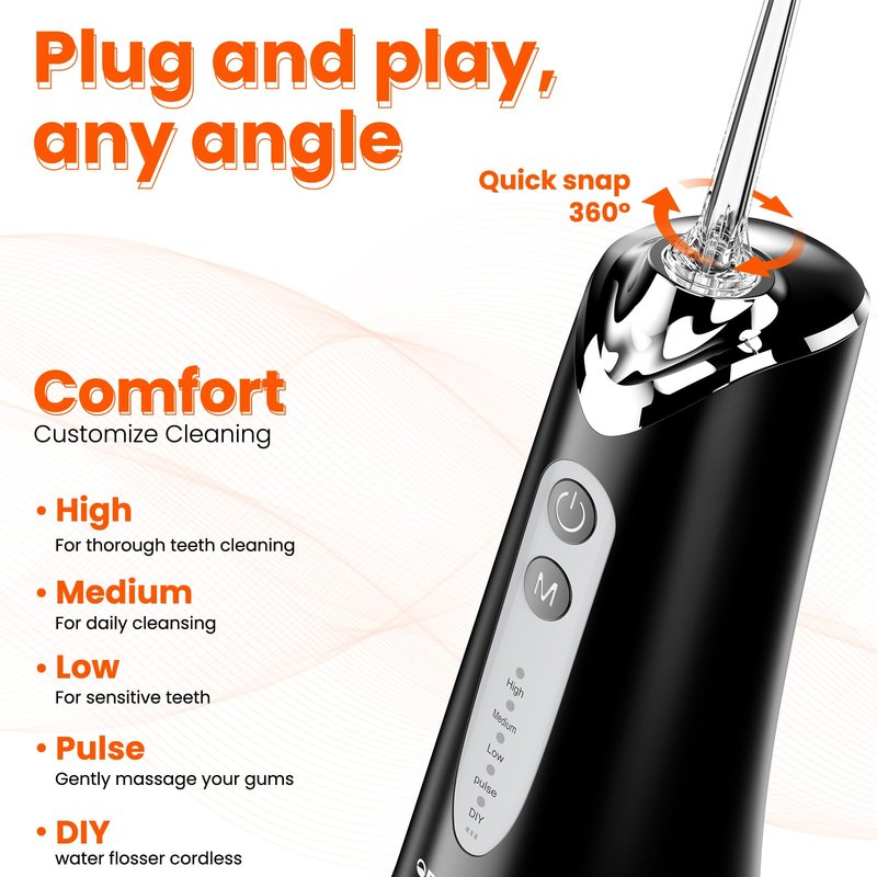 Water Dental Flosser Pick for Teeth - 300ML Portable Cordless Oral Irrigator, Rechargeable Irrigation Cleaner Professional Electric Flossing Machine for Teeth Cleaning Power Flosser Travel (Black)