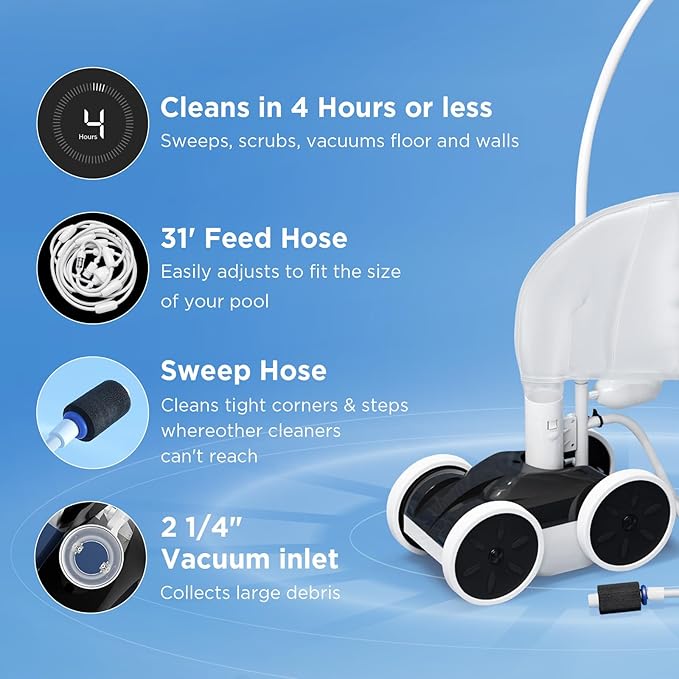 MAKHOON Upgrade Pool Pressure Side Sweeper with Feed Hose – Professional Pool Cleaner for Efficient Swimming Pool Cleaning, Stable 4-Wheel Structure Design