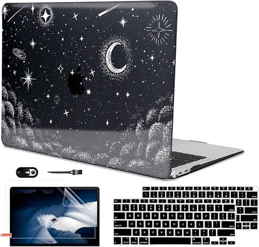 LCMOCICO for MacBook Air 13 inch Case 2021 2020 2019 2018 Release M1 A2337 A2179 A1932, Glitter Crystal Black Pritned Pattern Plastic Hard Case Cover for Mac Air 13.3" M1 Touch ID, Stars & Moon