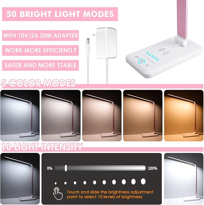 JOSTIC LED Desk Lamp with Wireless Charger, USB Charging Port, Desk Lighting with 10 Brightness, 5 Color Modes, Dimmable Eye Caring Reading Desk Lamps for Home Office, Touch Control, Auto Timer, Pink