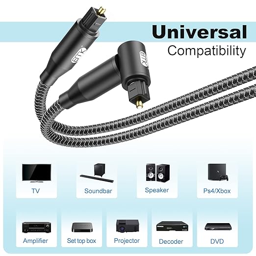 EMK 90 Degree Right Angle Optical Audio Cable [8ft/2.4M] - 360° Rotatable Digital Toslink SPDIF Cable for Soundbar to TV, Home Theater - Black Fiber Optic Cable with Angled Connector