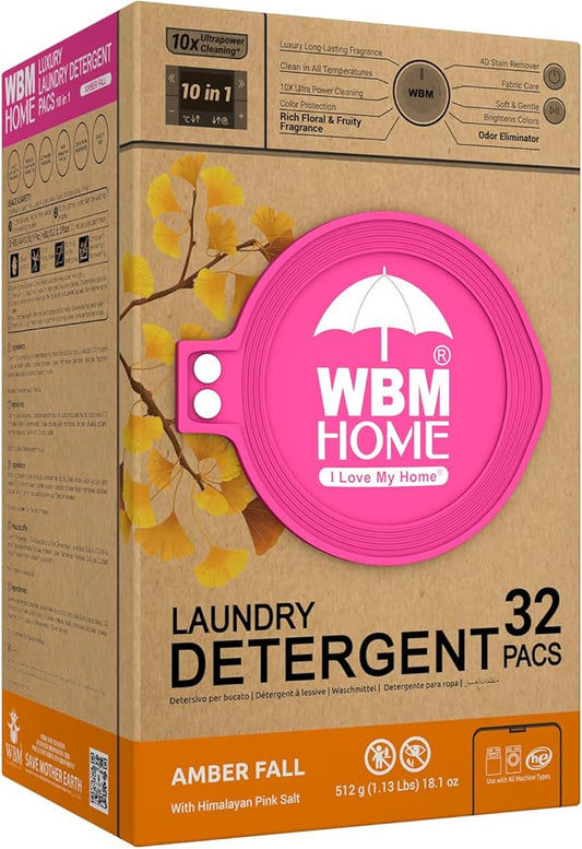 WBM Laundry Detergent Pods, 32 Count | Amber Fall Fragrance | 10 in 1 Laundry pods Detergent Ultra Power Cleaning with Plant-Based Scent, Extra Protection With 4D Stain Remover