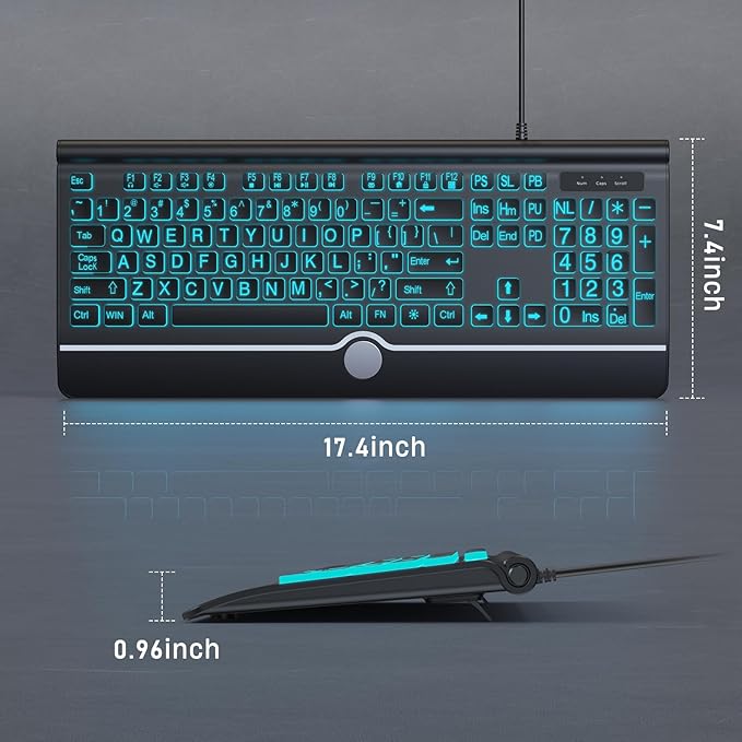 KOPJIPPOM USB Wired Keyboard with Large Print Backlit Keys, 7 Color LED Backlight, Ergonomic Wrist Rest, Spill-Resistant Design, Full-Size Computer Keyboard with Number Pad for PC Desktop Laptop