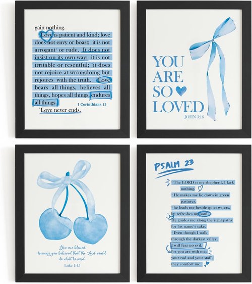 DSHFG Blue Wall Decor - Christian Bible Verse Art Prints for Teen Girls' Rooms | Set of 4, 8x10 Unframed