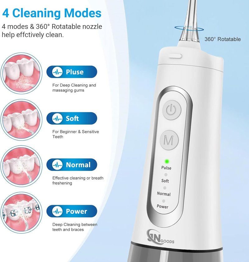 Cordless Water Dental Flosser - Rechargeable Oral Irrigator with 4 Modes & 300ml Reservoir | IPX7 Waterproof, Portable (White)