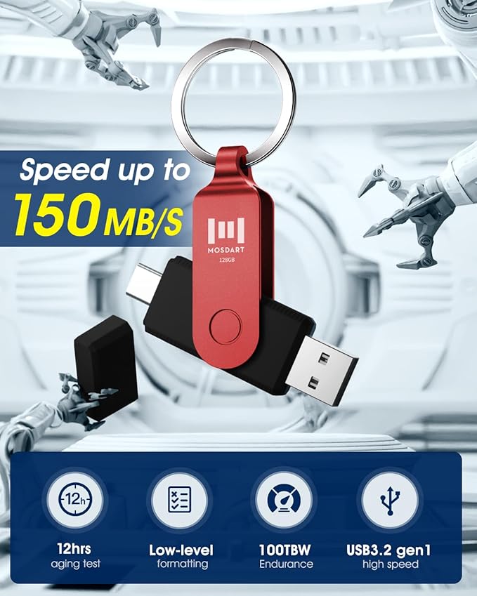 MOSDART 128GB USB C 3.2 Fast Speed C and A Dual Flash Drive, exFAT Memory Stick with Keychain and LED Indicator, for iPhone 15,16,17, Android Phone, iPad, MacBook, and Other Laptops, Red