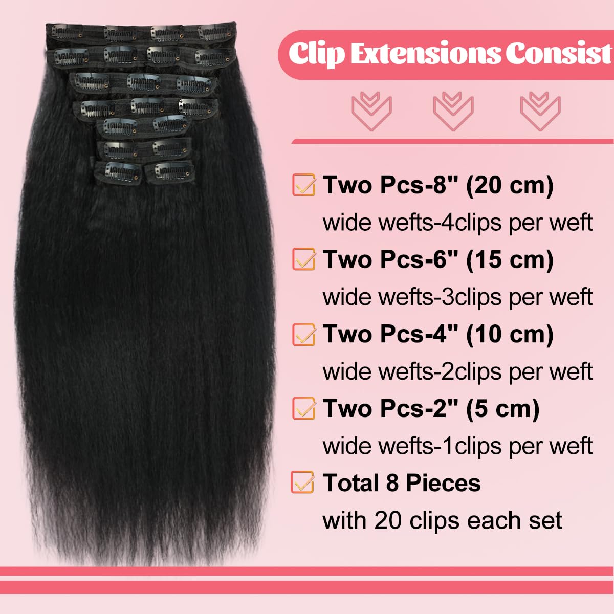 Kinky Straight Clip in Hair Extensions Real Human Hair 8pcs 20Clips Yaki Straight Clip Ins 16Inch 110g Full Head Hair Extensions Brazilian Remy Hair Double Weft Natural Black