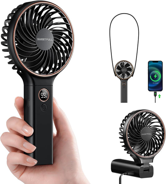 Sweetfull Handheld Portable Fan - 5000mAh Rechargeable Battery, 6 Speed Wind, LED Display | Mini Travel Fan