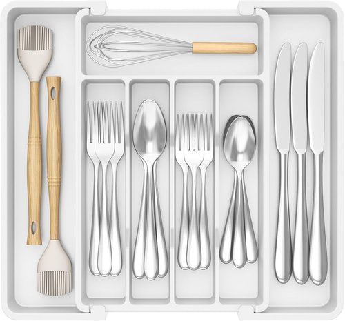 Lifewit Expandable Silverware Drawer Organizer - BPA-Free Utensil Tray for Kitchen | Adjustable 8.5-14 x 12" - White
