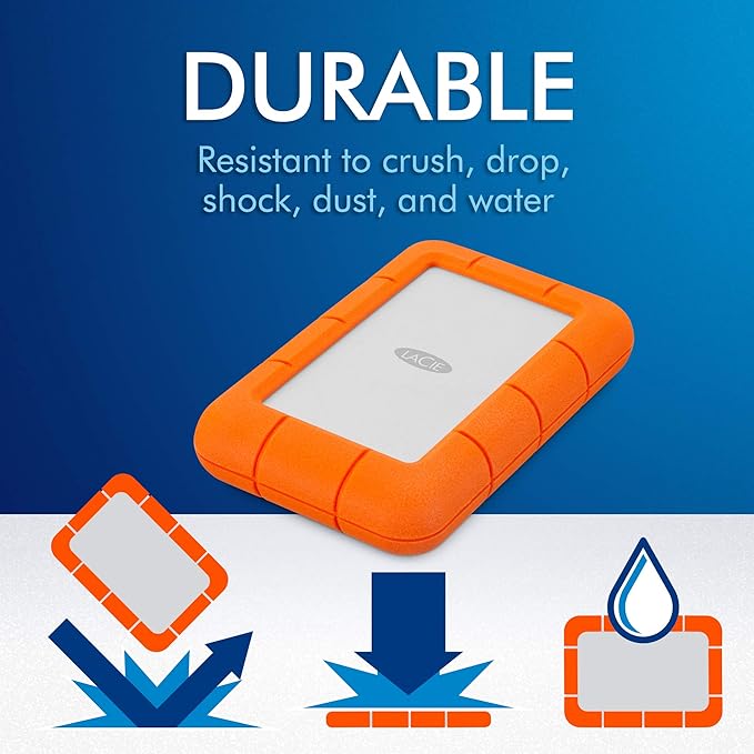 LaCie Rugged Mini Portable External Hard Drive, 4TB, 2.5", for PC, Mac, iPad, and iPhone, with Data Rescue Service