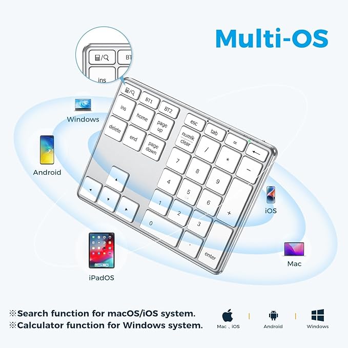 iClever Bluetooth Number Pad, Aluminum 34-Key Wireless Numeric Keypad, USB-C Rechargeable Numpad Keyboard for Data Entry and Accounting, Compatible with Laptop, Mac, Surface Pro, PC Desktop