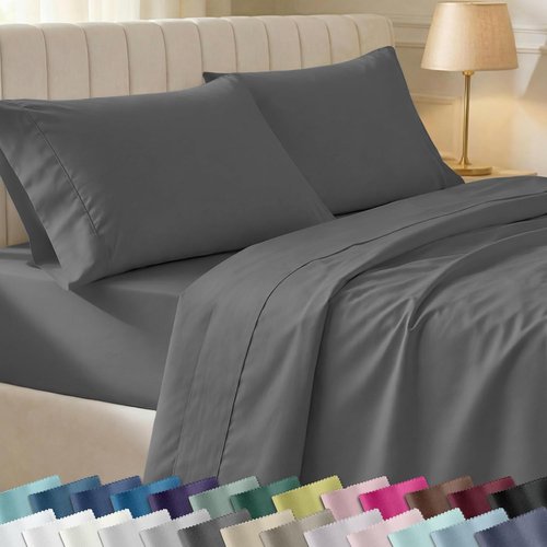 California Design Den Cal King Sheet Set - 100% Cotton, 400 Thread Count, Silky Smooth Sateen - Grey