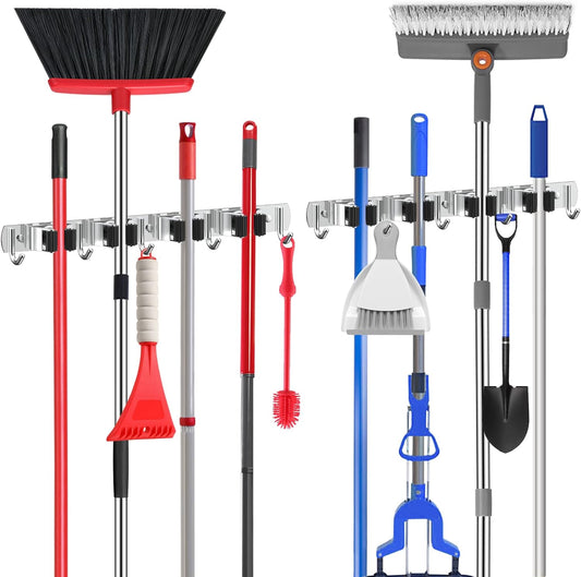 Nacena Broom Holder Wall Mount - Heavy Duty Stainless Steel Mop Hanger with 4 Racks & 5 Hooks | Silver