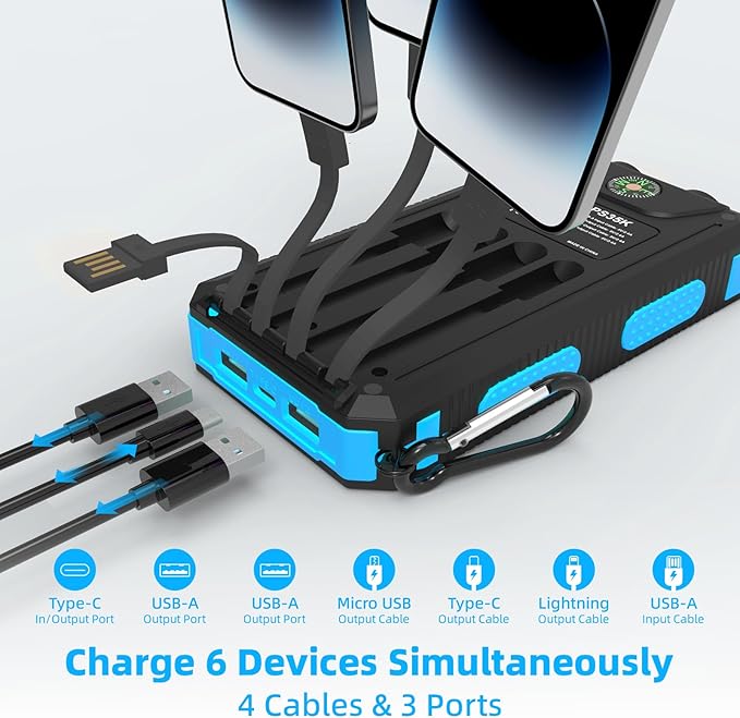 YELOMIN Solar Power Bank 20000mAh, Solar Charger Portable Phone Charger with 4 Built-in Cables, USB-C Fast Charging, Waterproof Battery Pack with Dual Flashlight for Camping Hiking Travel