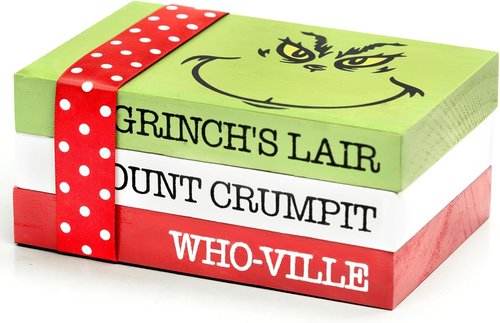 Grinch Christmas Decor - Wood Book Stack for Farmhouse Tiered Tray | Festive Home Table Accent