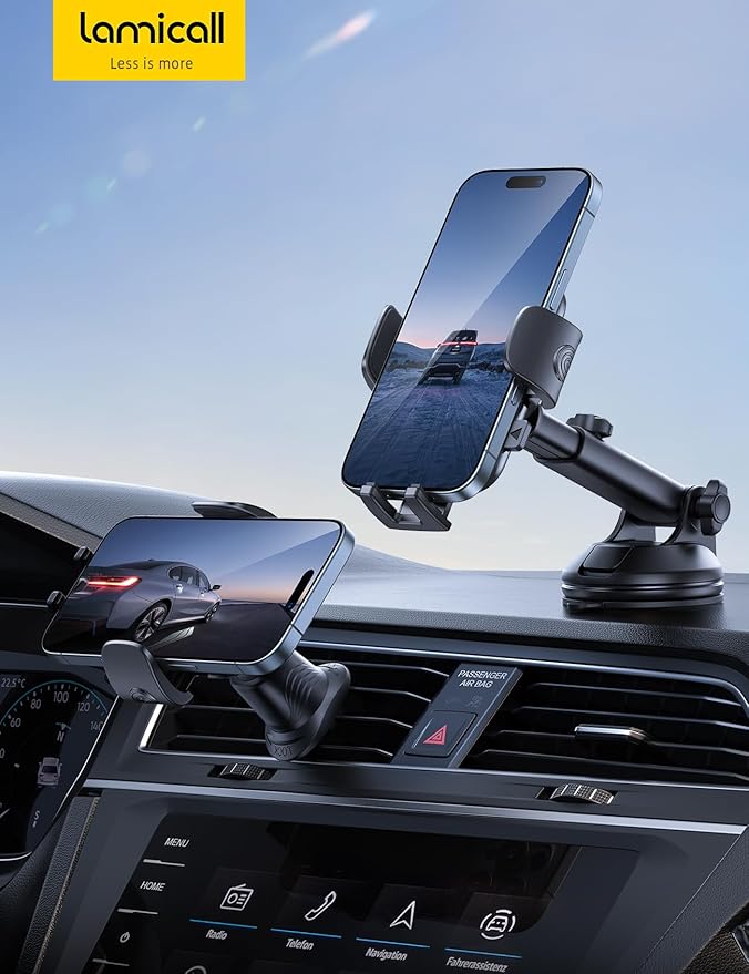 Lamicall Car Phone Holder [3-in-1 Pro Version Suction Cup] 360° Rotation Phone Holders for Your Car [Metal Hook] Cell Phone Car Mount Dashboard Vent Windshield for iPhone 17 16 15 Pro Max Smartphone